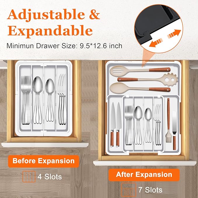 Spaclear Silverware Drawer Organizer, Adjustable Utensil Tray for Kitchen Drawer, 19 x 15 Inches Flatware and Cutlery Holder, Expandable Plastic Storage for Spoons Forks Knives, 4-7 Slots, White