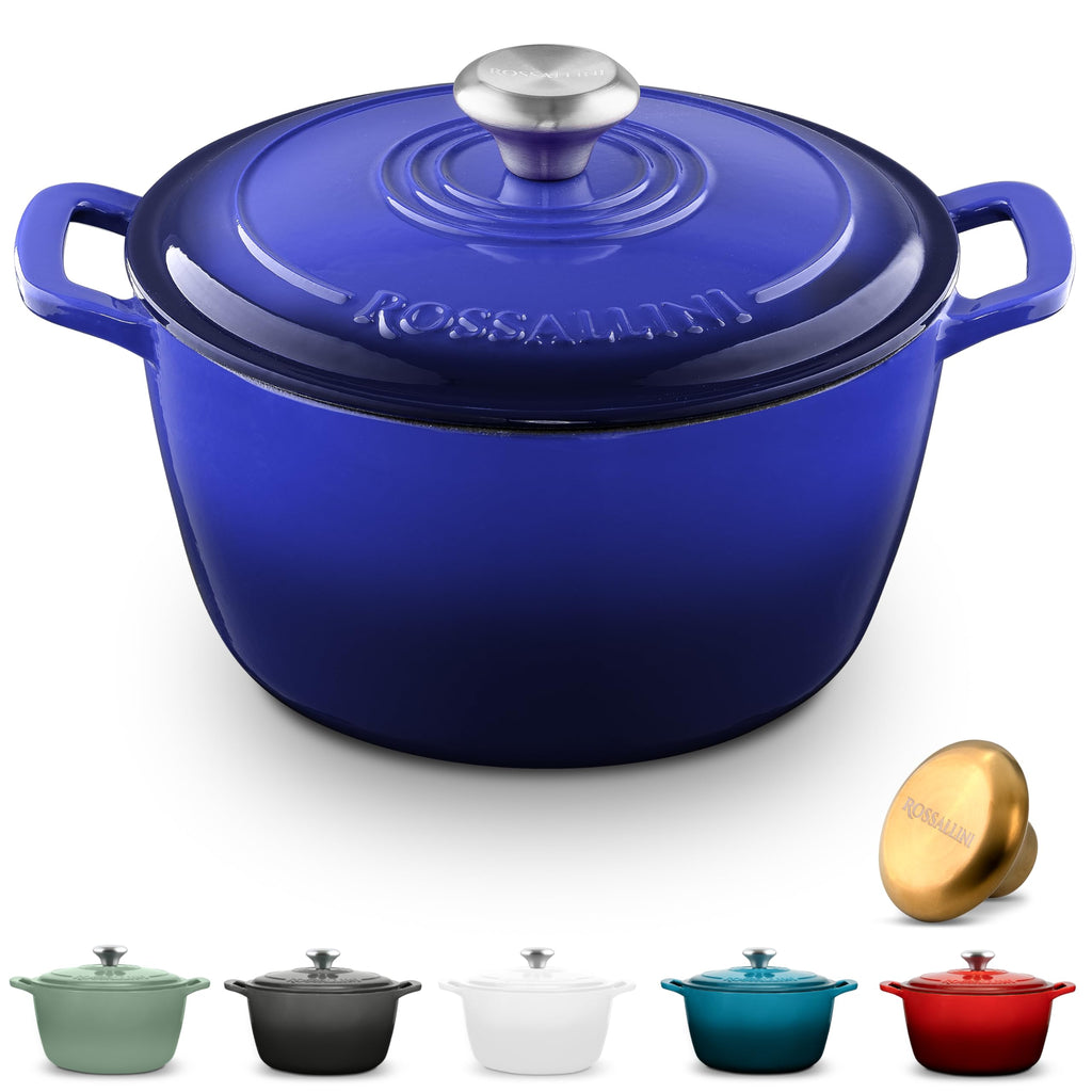 ROSSALLINI Signature Enameled Cast Iron Dutch Oven, Non-Stick Serving Pot with Tight Fitting Lid for Perfect Roasting, Baking, Sauteing, and Bread Making | 13.5Q (12.7L) - Indigo Blue