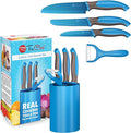 TruChef 5-Piece Kids Knife Set | Real Stainless Steel Cooking Knives with Peeler, Serrated Blade & Storage Stand | Safe, Easy-Grip Design – Fun Junior Chef Set for Boys & Girls (5 pcs, Blue)