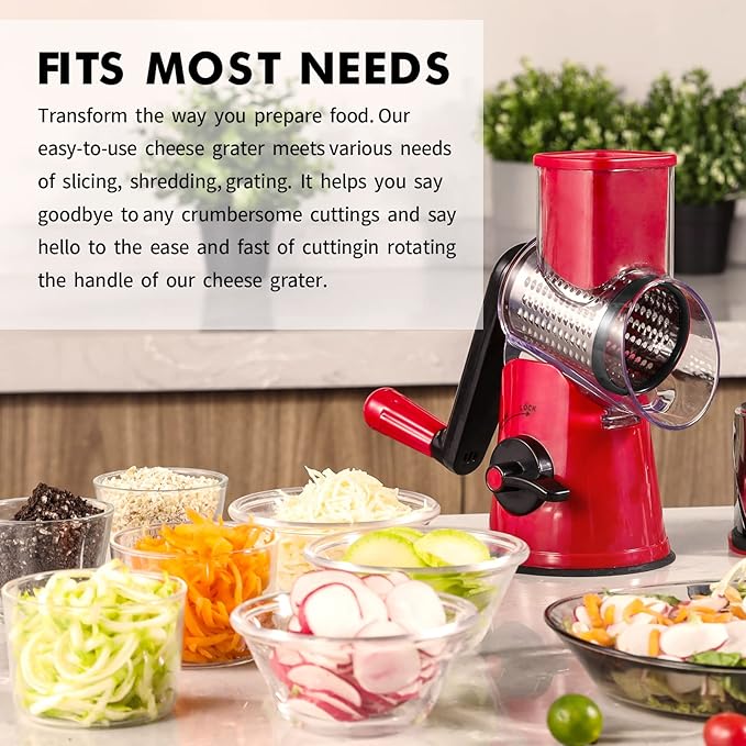 Geedel Rotary Cheese Grater Hand Crank, Cheese Shredder Mandoline Slicer