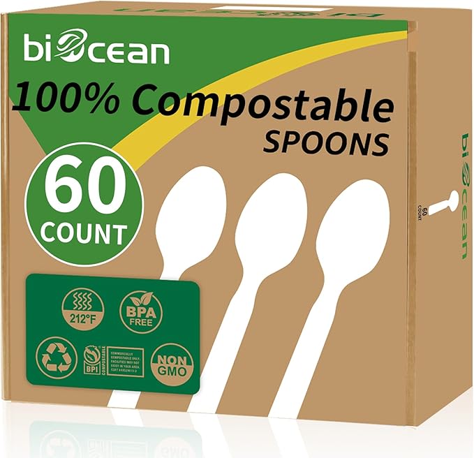 Biocean 100% Plastic Spoons 60 Count Disposable Soup Spoons Heavy Duty Utensils Disposable Silverware Eco Friendly Flatware for Party Camping Picnics Wedding-Ivory White