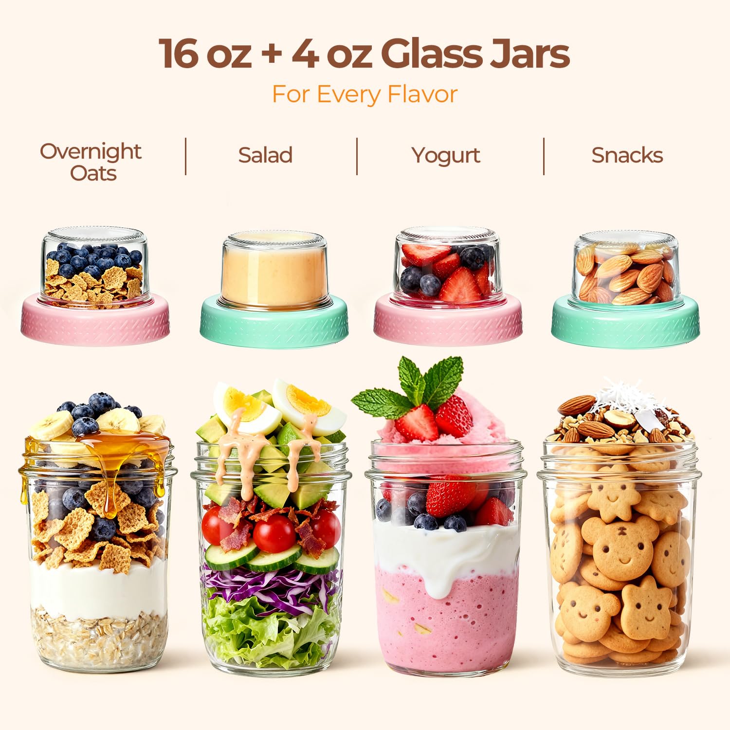 ComSaf 16+4Oz 4Pcs Overnight Oats Containers with Lids, Dual-Layer Jars