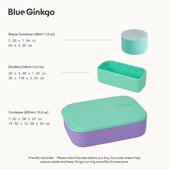 BLUE GINKGO Bento-Style Silicone Lunch Box Set, Purple, Made in Korea
