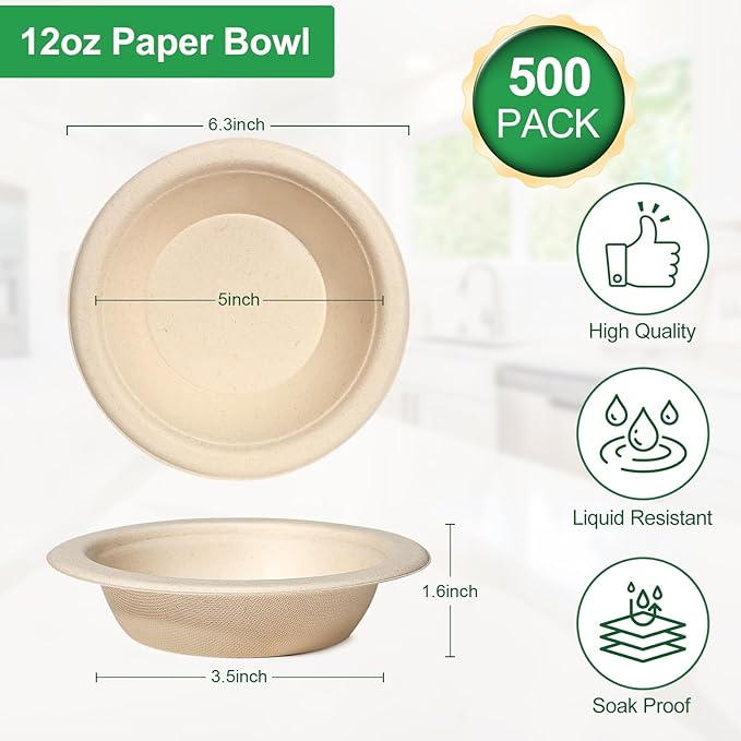 Bionutrio 12 oz Paper Bowls Disposable, 500 Pack Compostable Bulk