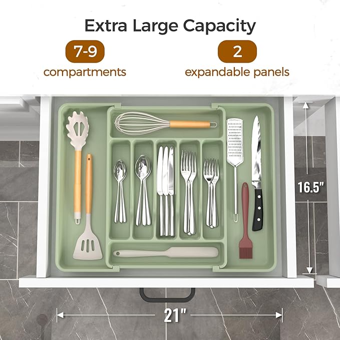 ukeetap Extra Large Expandable Silverware Organizer, Flatware Tray, Green