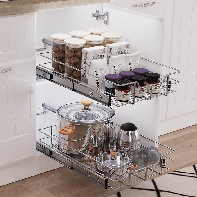 Pull Out Cabinet Organizer 11" W X 22" D, Chromed, Full Slide Out Drawers