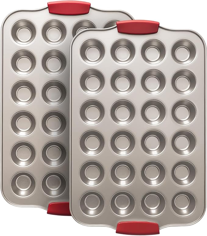 Shinsin 24 Cup Mini Cupcake Pan with Silicone Handles, Non-Stick Mini Muffin Pan, Baking Molds for Mini Cupcakes, Muffins, Quiches, Carbon Steel Mini Baking Pan, Dishwasher Safe (2 Pack)