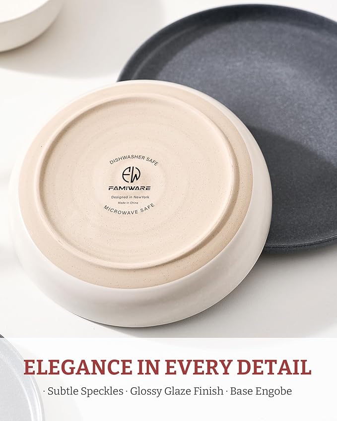 famiware Milkyway 33 oz Pasta Bowls Set of 4, Dark Charcoal & White
