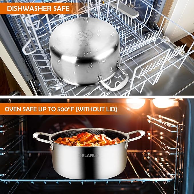 DELARLO Tri-Ply Non Stick 5 Quart Stainless Steel Stock Pot Heavy Duty