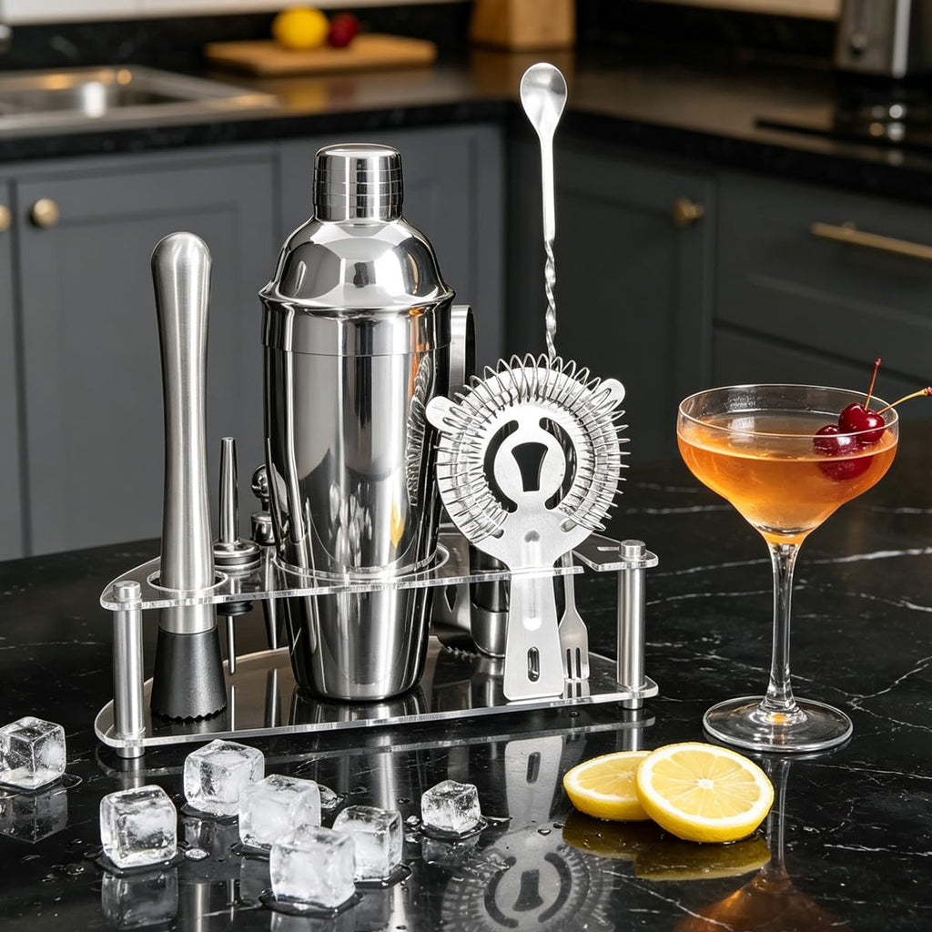 9-Piece Cocktail Shaker with Stand, 25oz Bartender Kit, Cocktail Shaker with Strainer Set, Bar Set Jigger for Bartending Drink Mixer Set, Cocktail Set Recipe (Silver)
