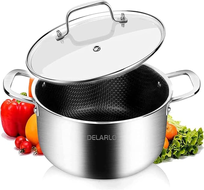 DELARLO Tri-Ply Non Stick 5 Quart Stainless Steel Stock Pot Heavy Duty