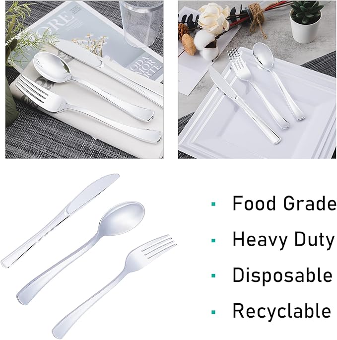 N9R 300PCS Silver Plastic Silverware, Disposable Utensils & Cutlery
