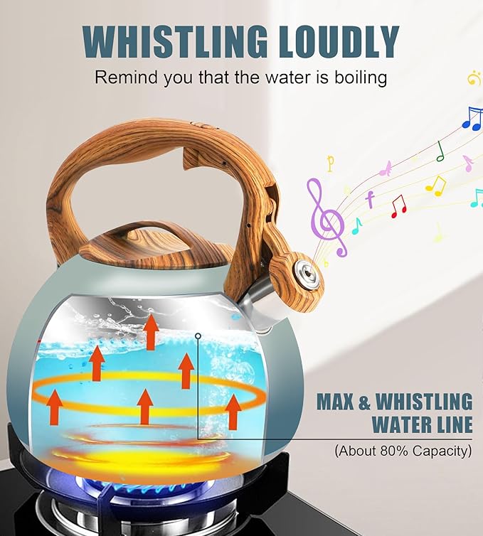 Foedo 3.2Qt Stainless Steel Whistling Tea Kettle Stovetop, Grayish Blue
