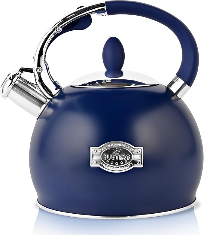 SUSTEAS Whistling Tea Kettle, 2.7QT Food-Grade Steel Teapot, NAVY BLUE