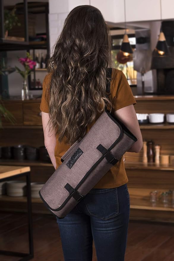 Asaya Waxed Nylon Chef Knife Roll Bag with 20 Slots and Zippered Pockets - Professional Chef Knife Bag & Storage Case, Tool Carrier with Shoulder Strap - Knives Not Included (Brown)
