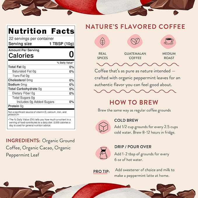 Organic Peppermint Mocha Ground Coffee - Real Peppermint & Cacao - Medium Roast, Flavored Coffee - Smooth Low-Acid - Perfect for Drip, Pour Over or Cold Brew - 8 oz, 22 Servings
