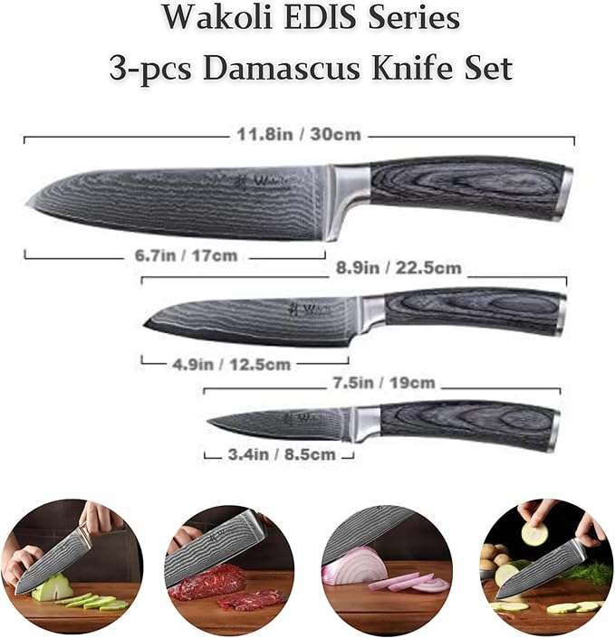 Wakoli EDIS 3-Piece Damascus Knife Set, VG10 Core, Pakkawood Handles