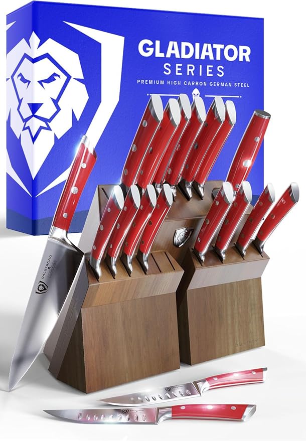 Dalstrong 18-Piece Gladiator Colossal Knife Block Set (Red Handles) — German High-Carbon Steel, Full-Tang, Hand-Sharpened — For Home Chefs, Wedding Registries & Serious Kitchens — Acacia Block, NSF