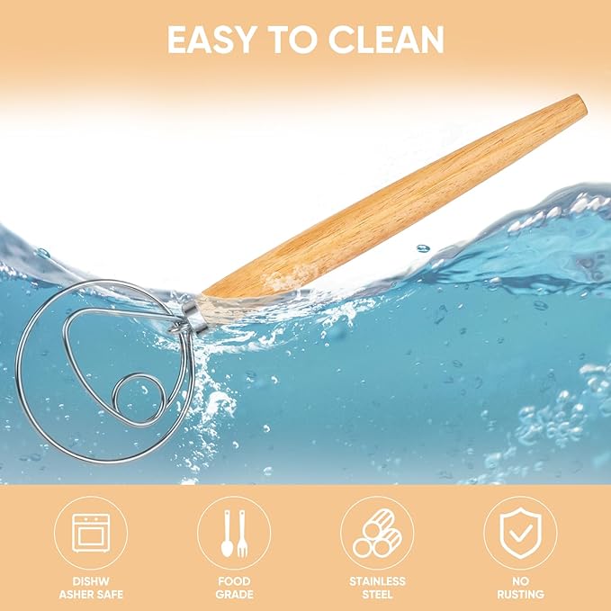 Maxjoy Danish Dough Whisk, Stainless Steel Wooden Bread Tool for Sourdough