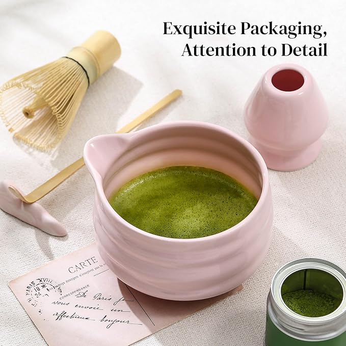 DOWAN Matcha Whisk Set, 7 Pcs Matcha Set Includes Bowl with Spout, Whisk and Holder, Bamboo Scoop and Holder, Sifter and Tea Towel - Matcha Kit Gift for Lovers Beginners (Pink)