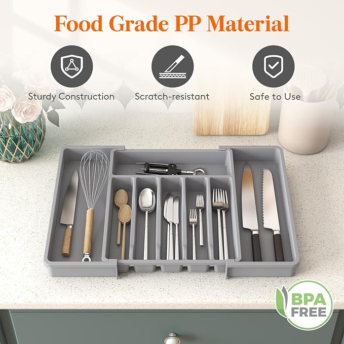 Lifewit Silverware Drawer Organizer, Expandable Utensil Tray for Kitchen, BPA Free Flatware and Cutlery Holder, Adjustable Plastic Storage for Spoons Forks Knives, 33 -57 x 42cm, Gray