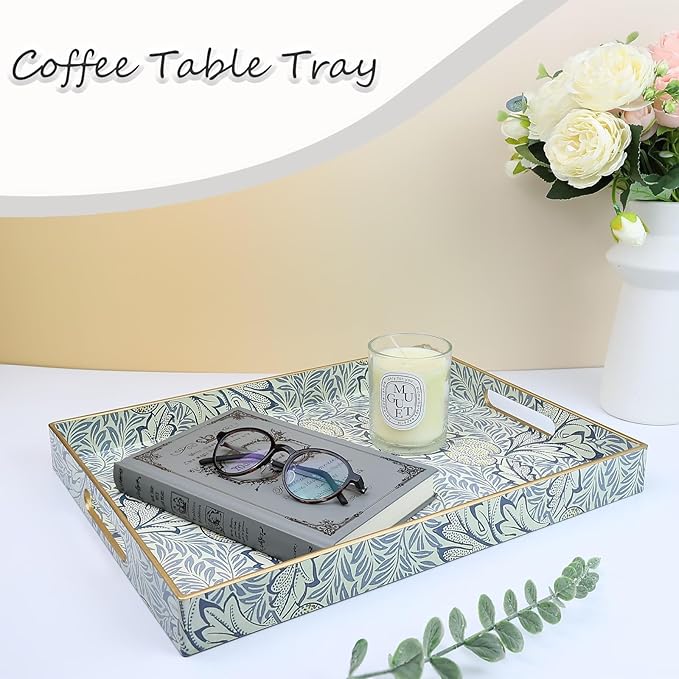Omuriko Rectangle Plastic Serving Tray with Handles, Elegant Decorative Tray for Coffee Table, Ottoman, Living Room, Kitchen, and Outdoor Use. 12"*16"*1.6" F