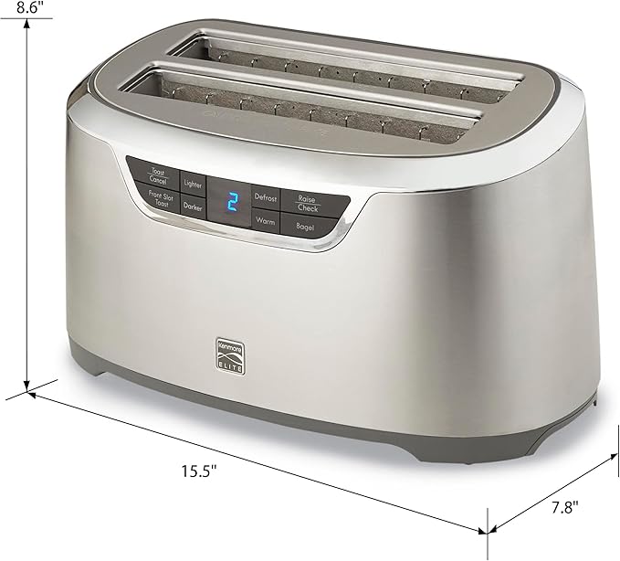 Kenmore Elite 4-Slice Long Slot Toaster Silver, One-Touch Auto-Lift, Stainless Steel, Adjustable Browning, Defrost, Digital Countdown Timer, Retractable Cord, Toast, Bagels, Waffles, English Muffins