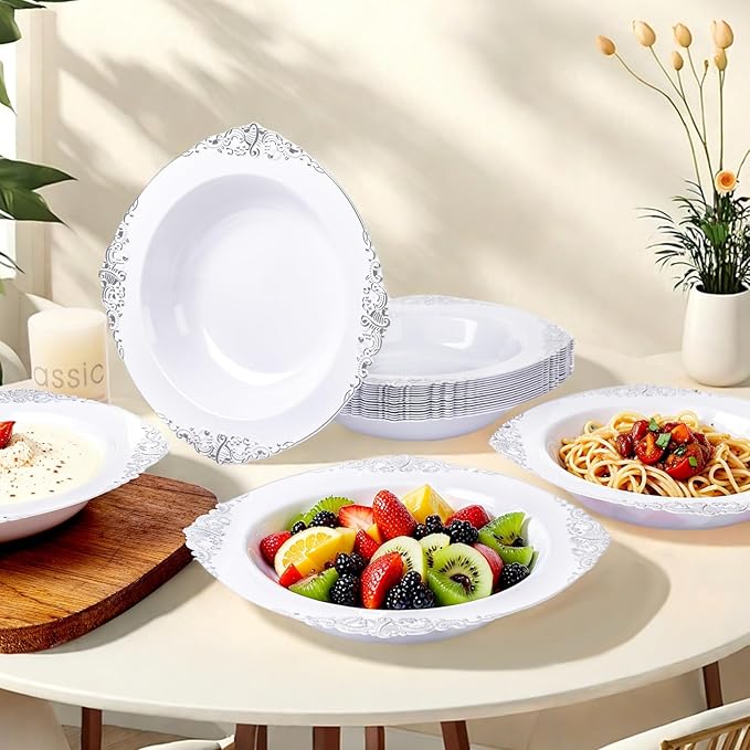 Joyido 100PCS Silver Plastic Bowls - 12 oz Silver Disposable Salad Bowls - Heavy Duty Disposable Soup Bowl - Fancy Plastic Ice Cream Bowl for Weddings Parties Dinners Picnics