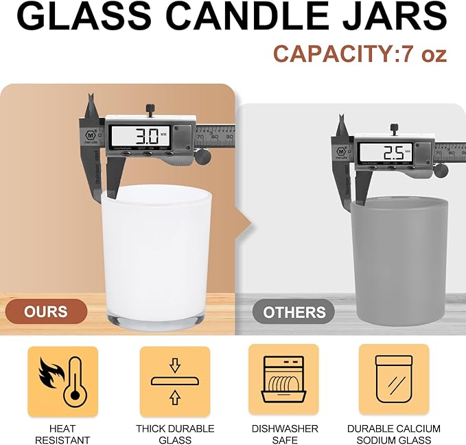 SHOWIN Thick Candle Jars for Making Candles 12 Pcs, 7 OZ Empty Jars with Wood Lids for Candle Making, Sample Container, Inner White
