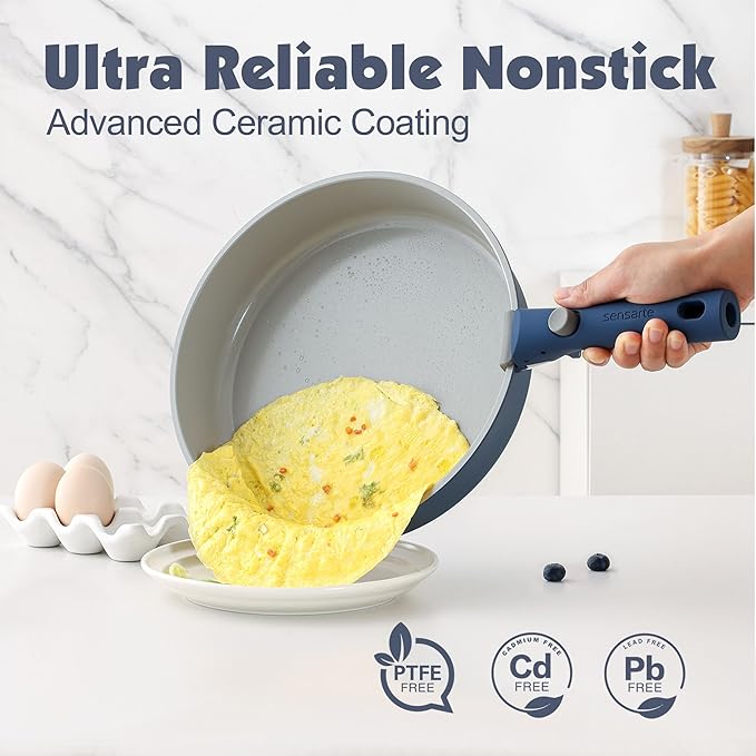 SENSARTE 24 Piece Ceramic Detachable Handle Pots and Pans Set Navy