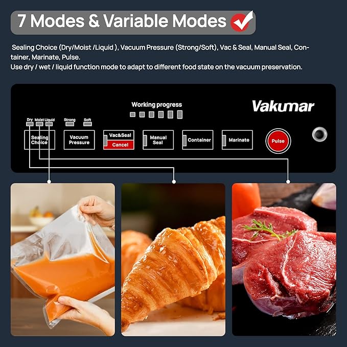 Vakumar Vacuum Sealer Machine, 90Kpa Liquid Food Vacuum Sealer Machine Preservation Dry/Moist/Liquid Modes, LED Indicator Light, Handle Locked Design, Built-in Cutter and Bag Storage, Starter Kit
