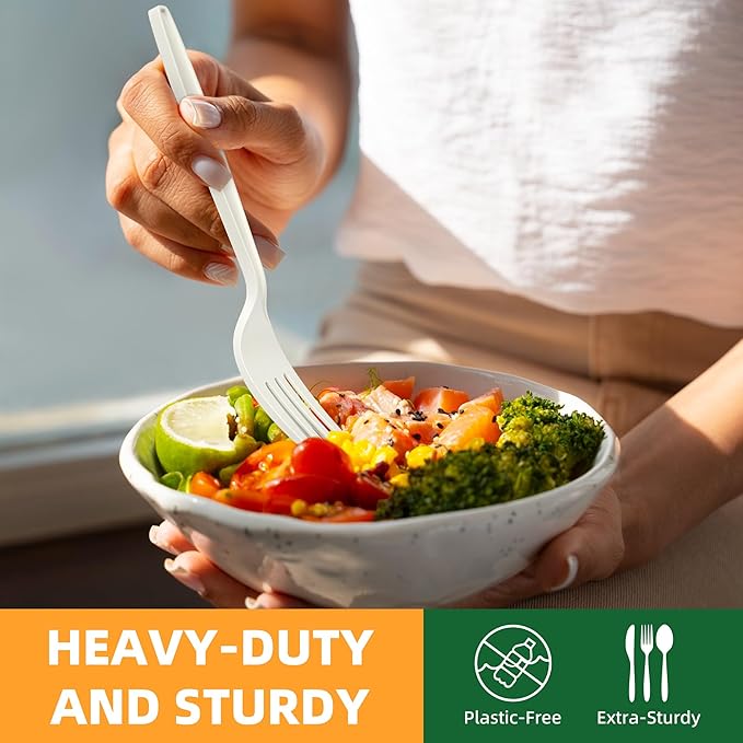 FEHHTO 100% Compostable Cutlery Set, Disposable Cornstarch Utensils Heavy Duty BPI Certified Eco-Friendly Party Supplies No Plastic-150pcs (50 Forks,50 Spoons,50 Knives)