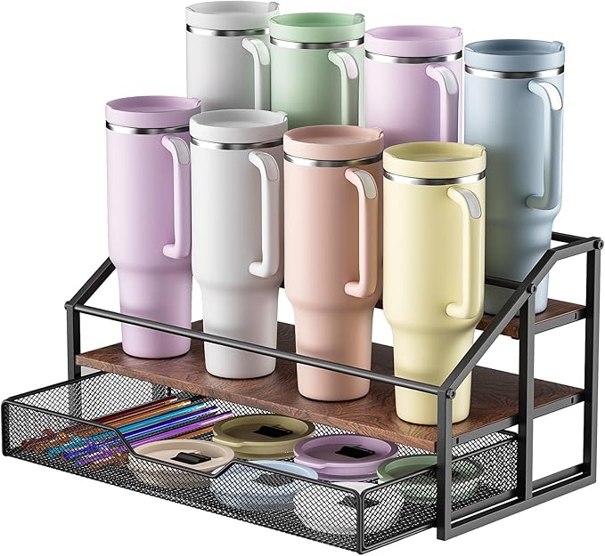 MOJOHAND 3-Tier Stanley Cup Rack with Basket for 8 Tumblers