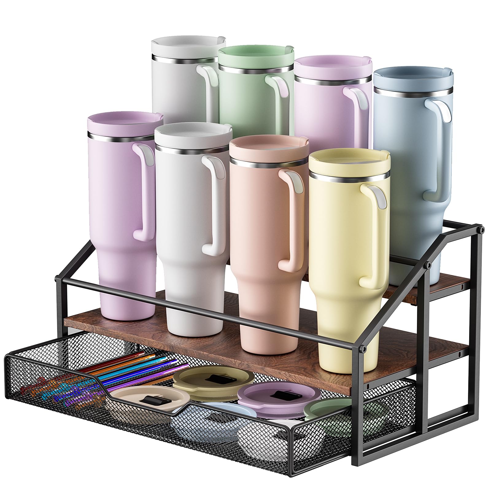 MOJOHAND 3-Tier Stanley Cup Rack with Basket for 8 Tumblers