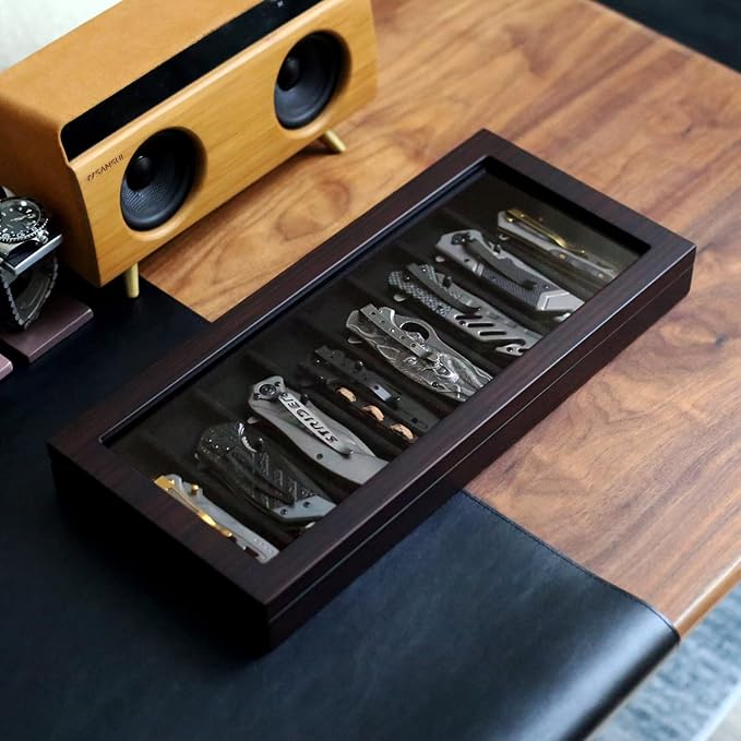 Besforu Knife Display Case Organizer storage 8 pocket knives, Folding Knife Holder with Real Glass Window Top， Pocket knife collection box for men gift (Ebony Veneer 8 slot)