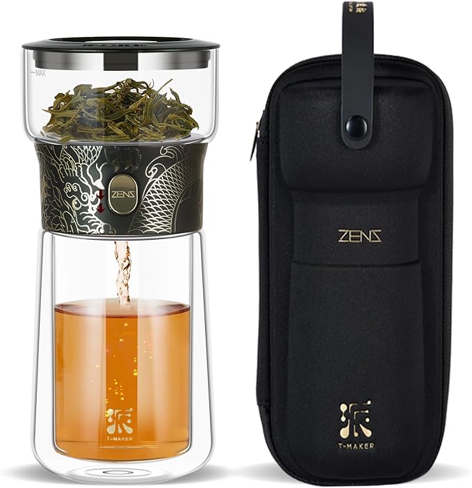 ZENS Glass Infuser Teapot, Cool One Touch Tea Maker For Loose Tea, Dragon