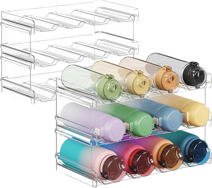 Lifewit Stackable Bottle Storage Organizer, Clear Freestanding Wine Holder for Cabinet, Large Slot Water Bottle Tumbler Organizer for Pantry, Plastic Wine Rack for Fridge Cellar, 3Tier Hold 12, 2Pack