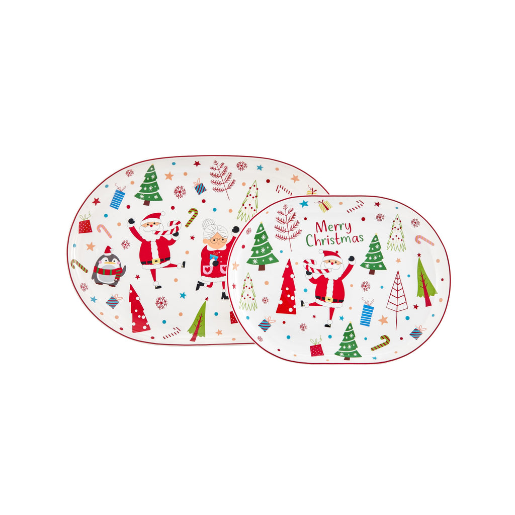 Bico Christmas Merry Crew Ceramic 16 inch plus 12 inch Ceramic Oval Platter, Set of 2, for Serving Turkey, Steak, Salad, Microwave & Dishwasher Safe