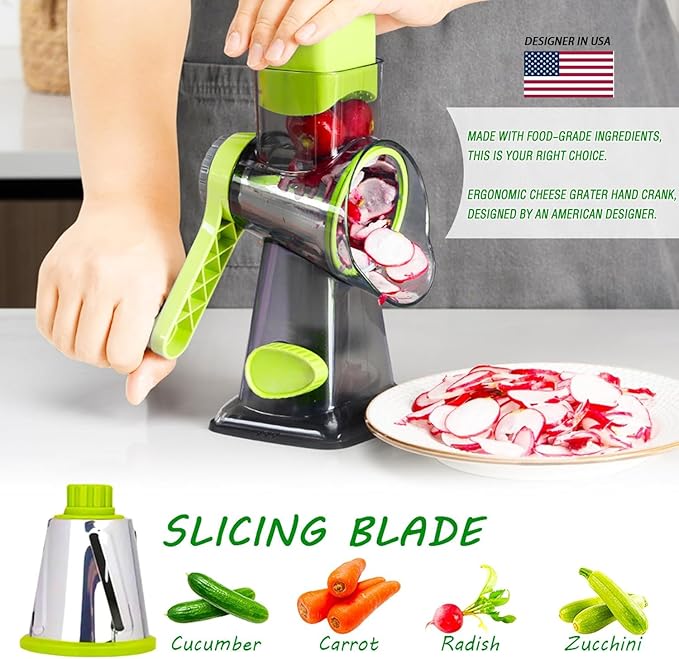 Eleko Meyar Cheese Grater with Handle, Multifunctional Manual Rotary Cheese Grater - Cheese Shredder Easily Chop Carrots, Potatoes, Vegetables and Fruits and Easy to Clean