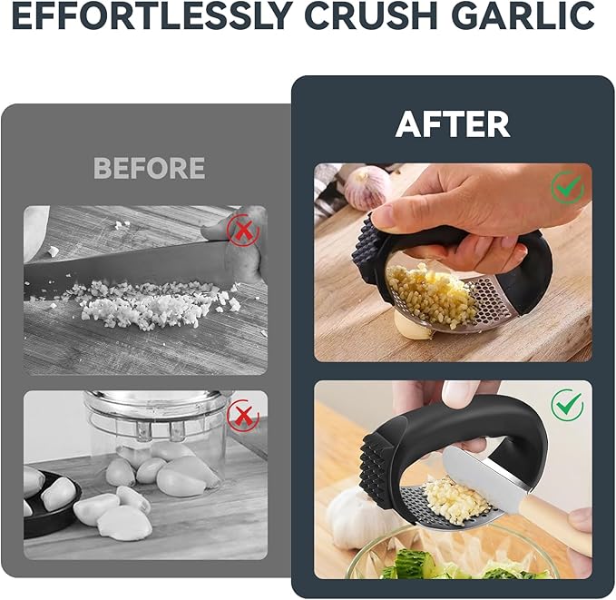Ywmoml 2 Pack Garlic Press Rocker Set – Innovative Stainless Steel Garlic Mincer & Crusher with 2 Peelers, 2 Scrapers, and 2 Brushes for Effortless Garlic Prep | Complete Garlic Tool Kit (GREEN)