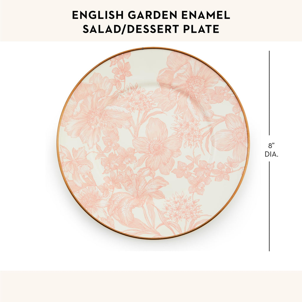 MACKENZIE-CHILDS Enamel Salad and Dessert Plate, Small Plate for Appetizers or Desserts, 8 Inches, Pink-and-White Rosy English Garden