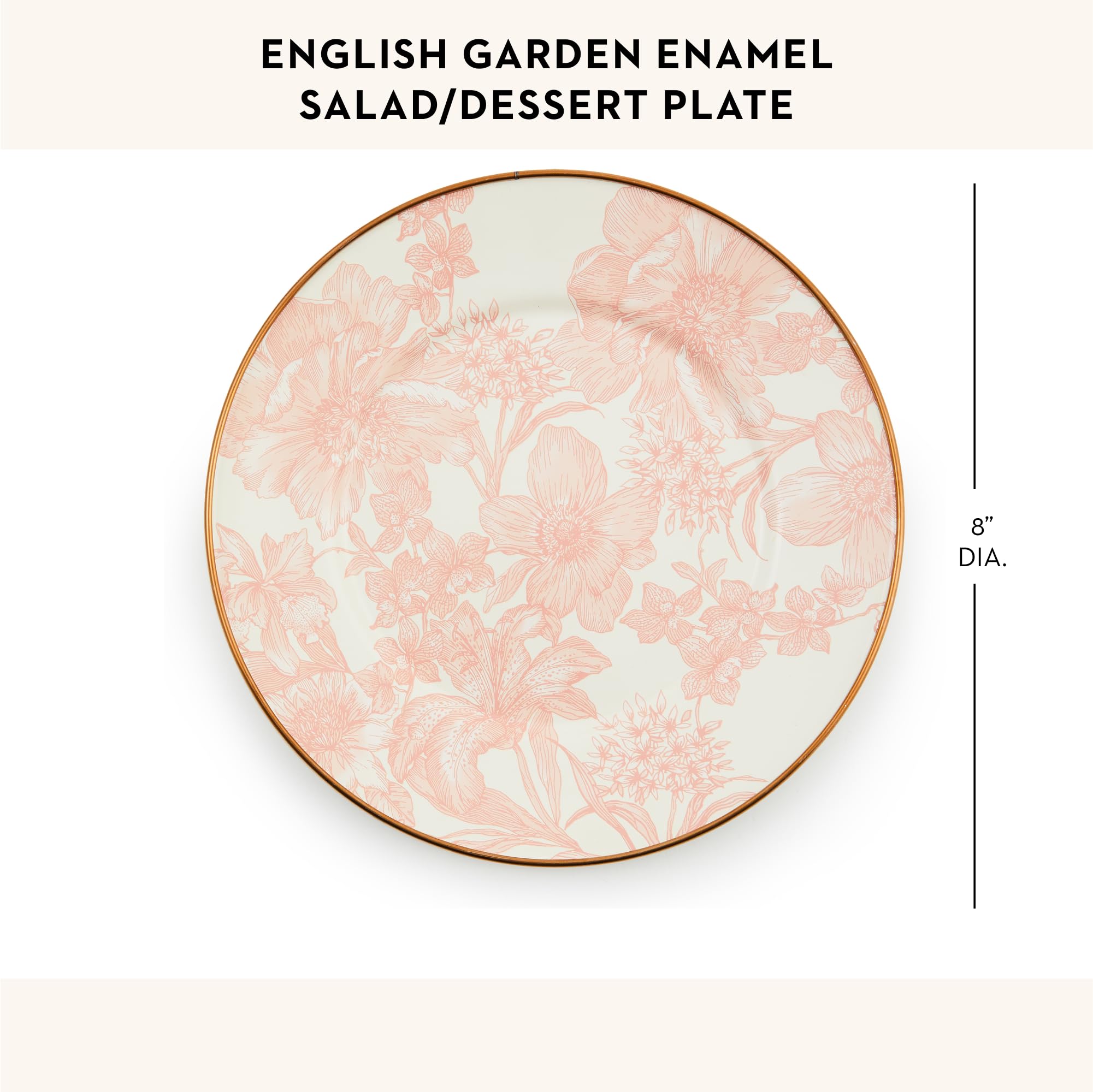 MACKENZIE-CHILDS Enamel Salad and Dessert Plate, Small Plate for Appetizers or Desserts, 8 Inches, Pink-and-White Rosy English Garden