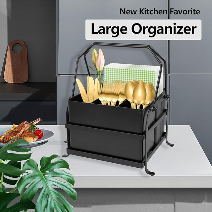 NelyBet Silverware Caddy Utensil Organizer With Handle, Outdoor Picnic and Camping Utensil Holder, Flatware Holder for Party Gatherings, Metal - Black