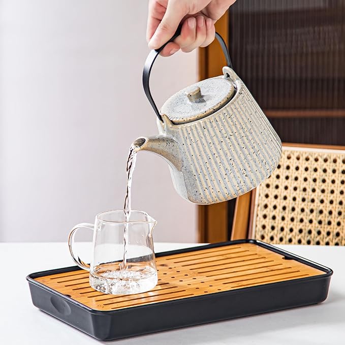 Yundu Ceramic Teapots for Tea, 1000ml/33.8oz Tea Pot with Infusers for Loose Tea, Striped Tea Pot with Removable Tea Infuser - Reactive Grey