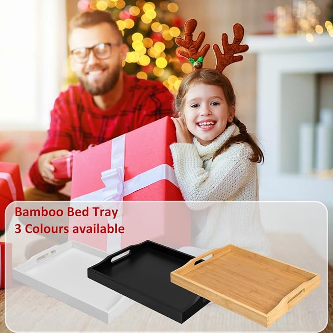 RRX Bamboo Food Serving Tray with Handles,Breakfast Bed Tray (White)