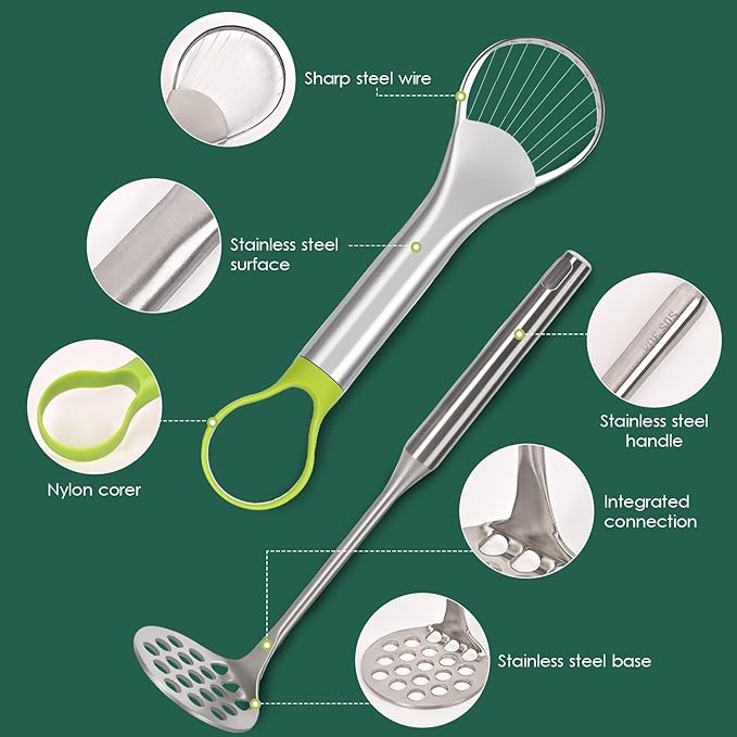 YVREOLP Avocado Slicer,Stainless Steel Avocado Slicer Tool and Avocado Smasher Tool,Quickly Slices Thinly and Masher,Suitable for Avocados,Potatoes,Dragon Fruit and Other Fruits Vegetables