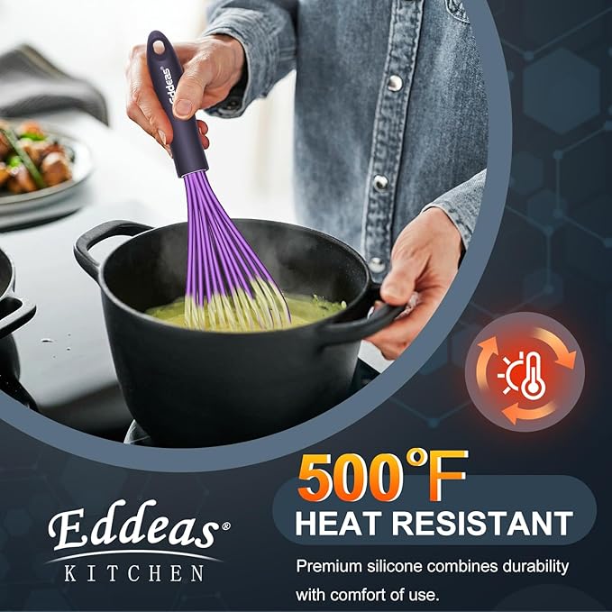 Eddeas Silicone Whisk, 500°F Heat Resistant Non Scratch Coated Whisks for Cooking Baking Balloon wisk, Kitchen Whisk Tool Set, for Stirring, Beating & Blending of 3 Size 7.5"+ 9" +11 inch