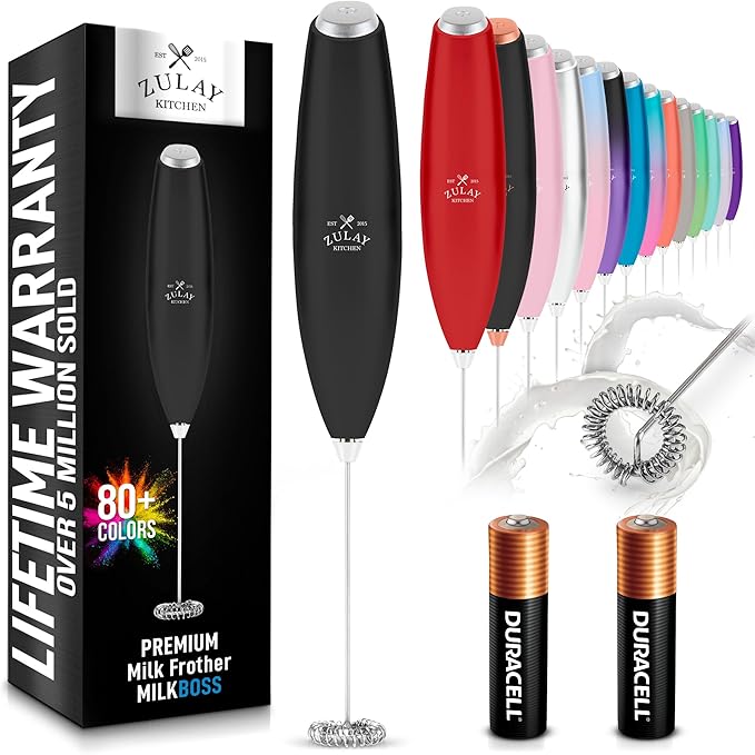 Zulay Kitchen Milk Frother Handheld Electric Whisk – Frother Wand with 2 Duracell Batteries, Durable Drink Mixer, Coffee Frother, Hand Blender, Frother for Protein Powder, Matcha & More - Black