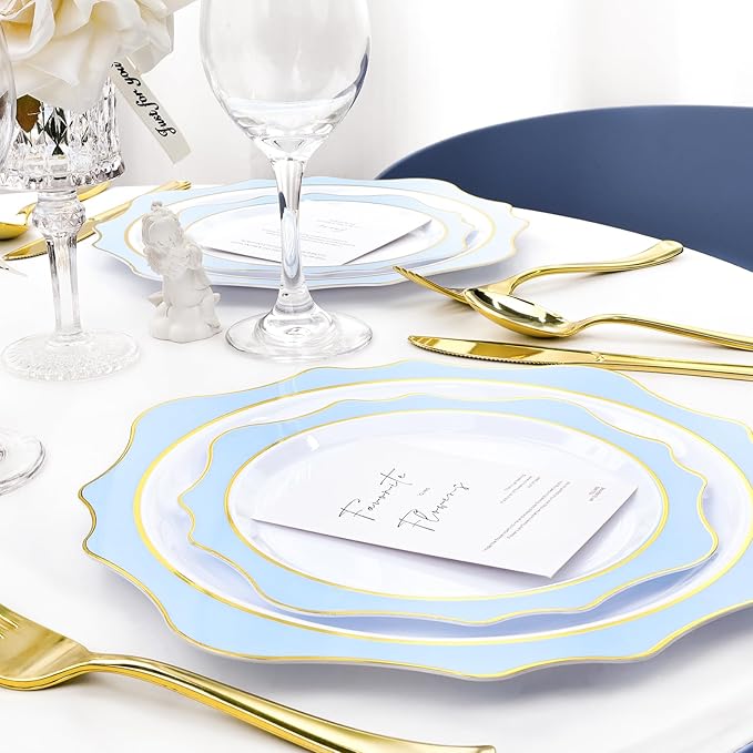 realluck 100Pcs White & Blue Plastic Plates for 50 Guests