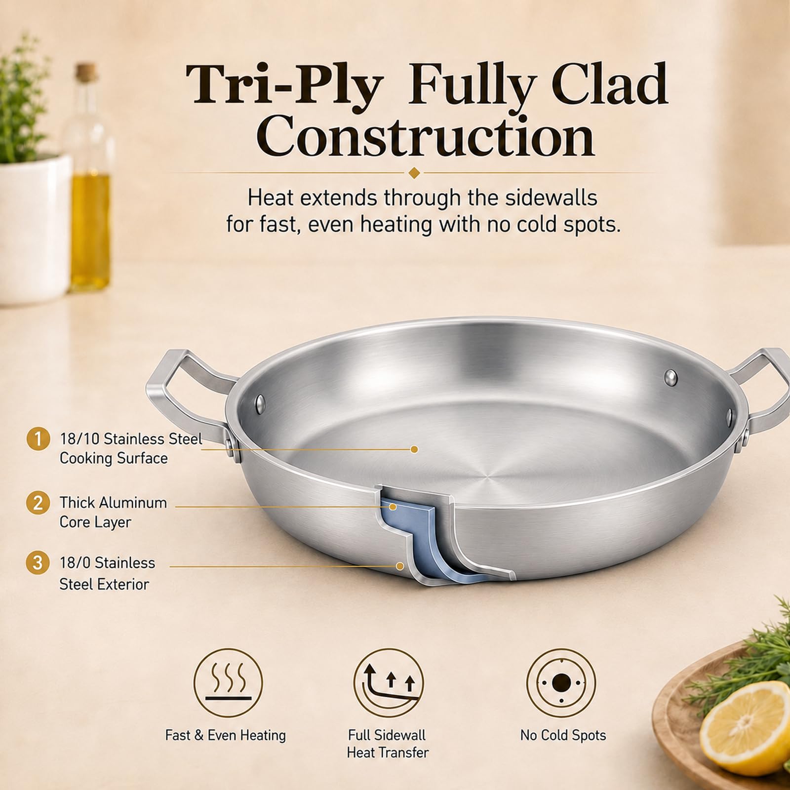 DELARLO Paella Pan 14 Inch Tri-Ply Stainless Steel Paella Pan with Lid, Jumbo Frying Pan, kitchen Induction Large Skillets,Great for Paella Parties Indoors Outdoors,Heavy Duty Style